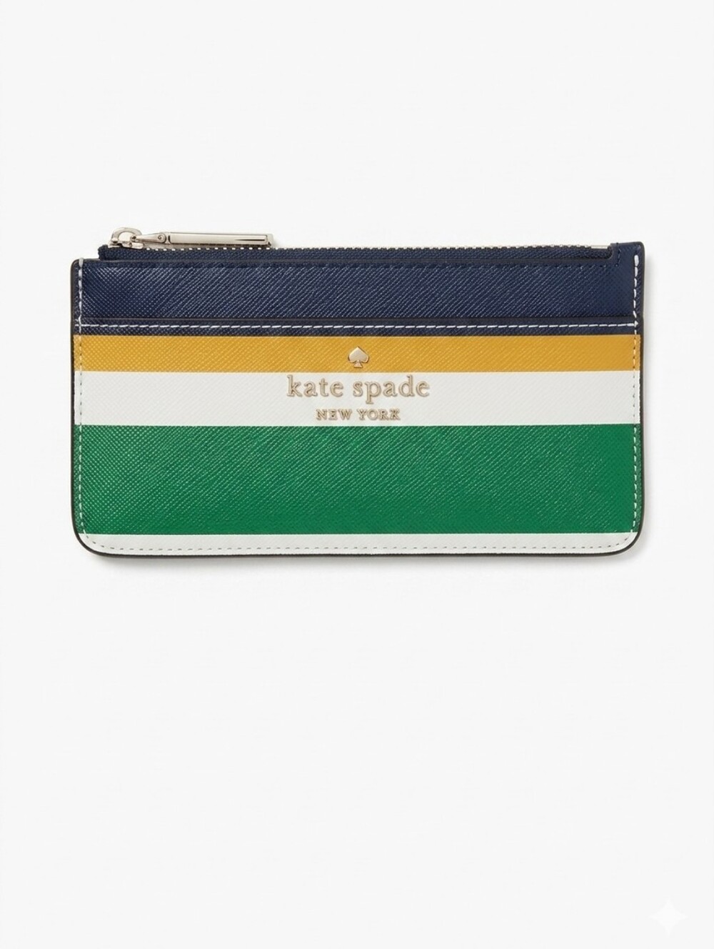Kate Spade Striped Leather Card Zip Wallet in Navy, Yellow, White & Green